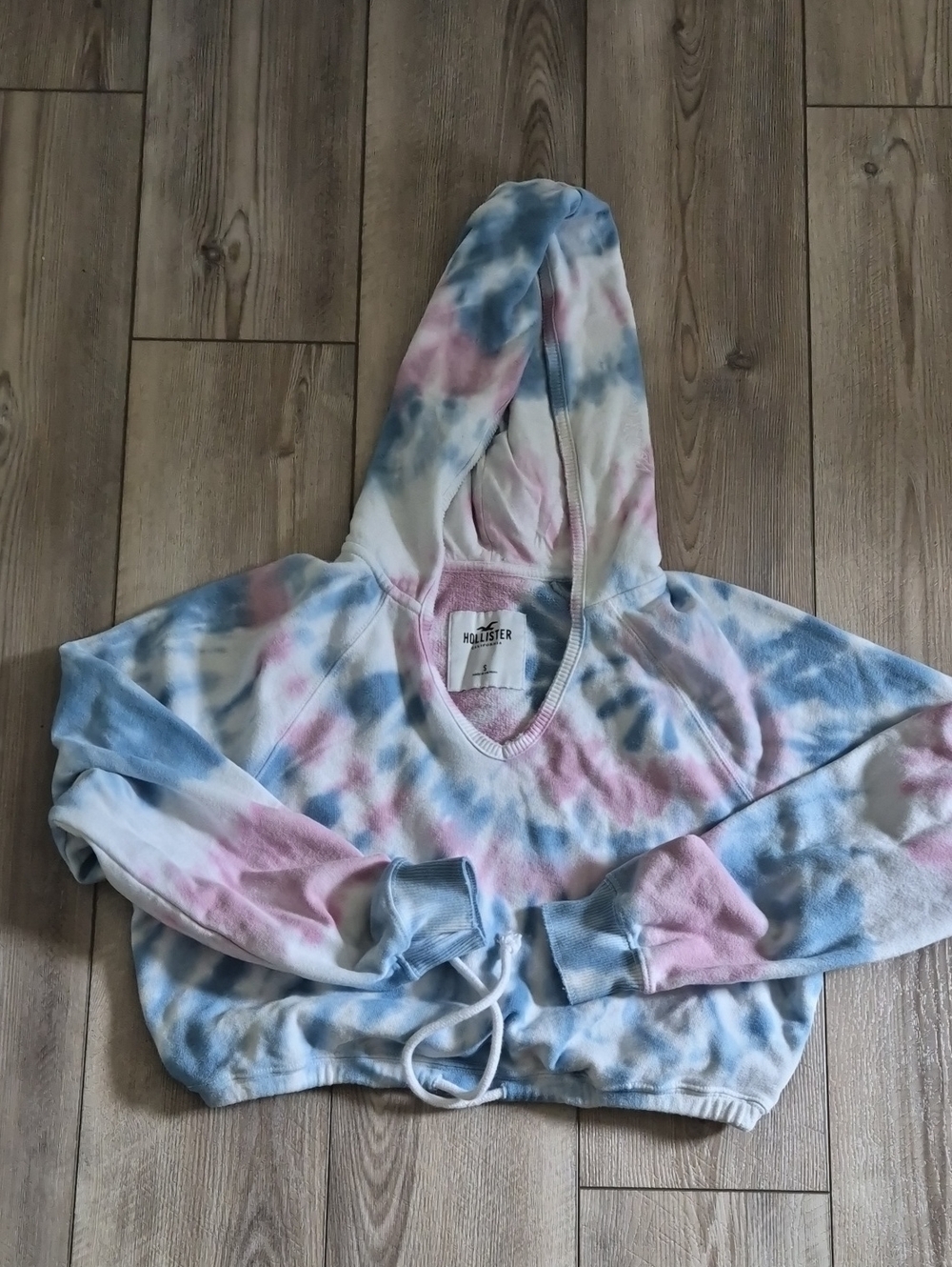 Hollister Pastel Tie Dye V Neck Cinch Drawstring Hem Cropped Hoodie Small